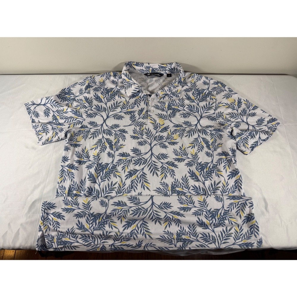 TravisMathew Mens XL White Blue Yellow Tropical Leaf Print Pique Polo Shirt